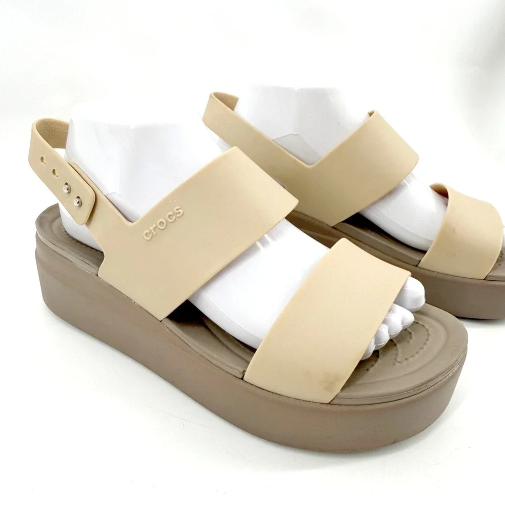 Crocs Brooklyn Low Wedge Sandals Womens Beige Mushroom Platform Strappy
